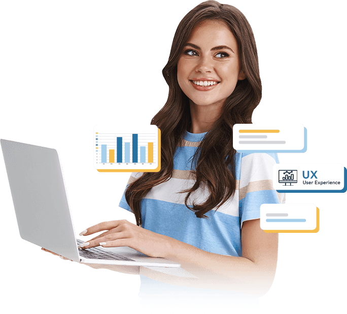 Grinsende Frau mit Logo führt eine UX Analyse durch