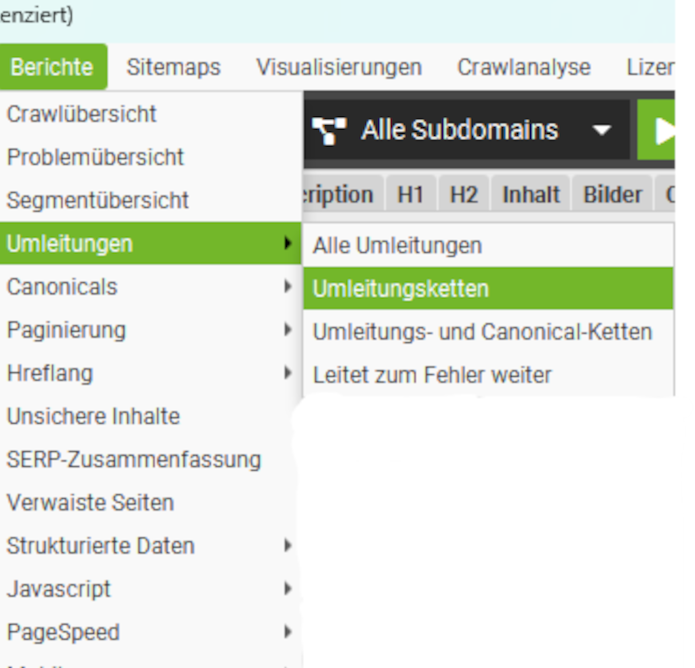 Screaming Frog Weiterleitungskette